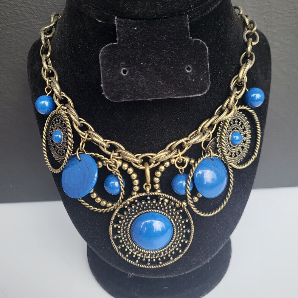 Premier Designs Blue and Bronze Statement Bauble Bib Necklace 20.5"